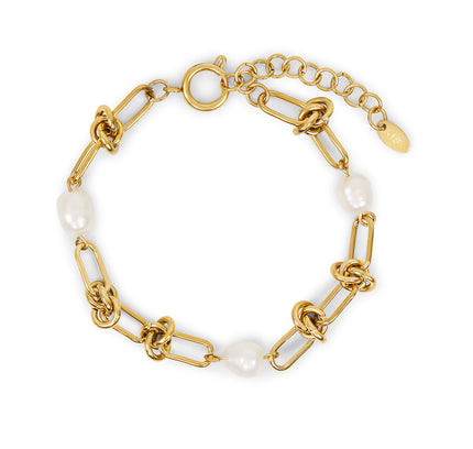 Pulsera de Cadena con Nudos y Perlas - Color Oro