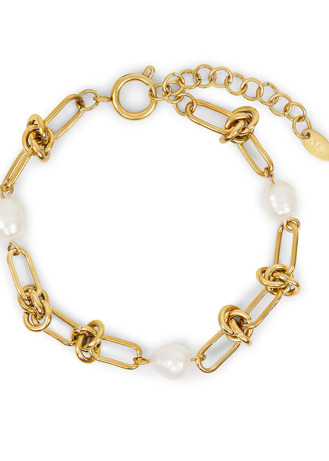 Pulsera de Cadena con Nudos y Perlas - Color Oro