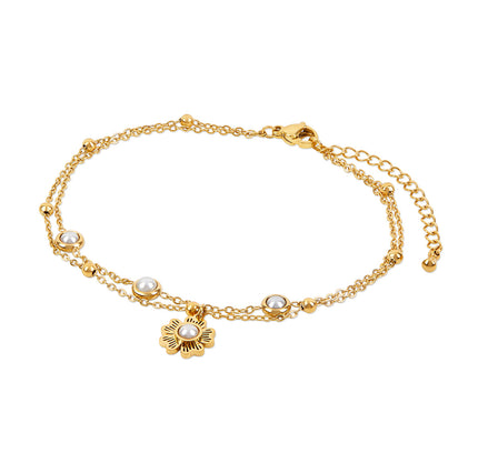 Tobillera de Doble Cadena con Perlas Florales