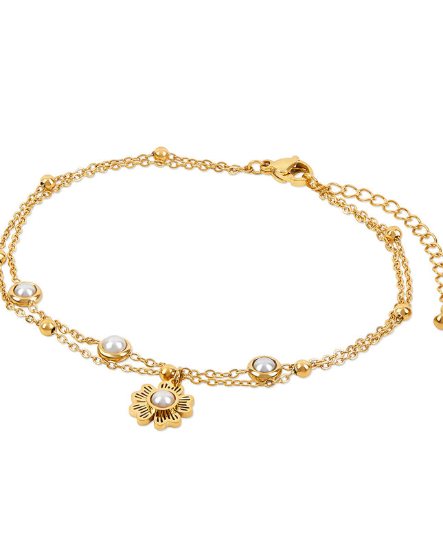 Tobillera de Doble Cadena con Perlas Florales