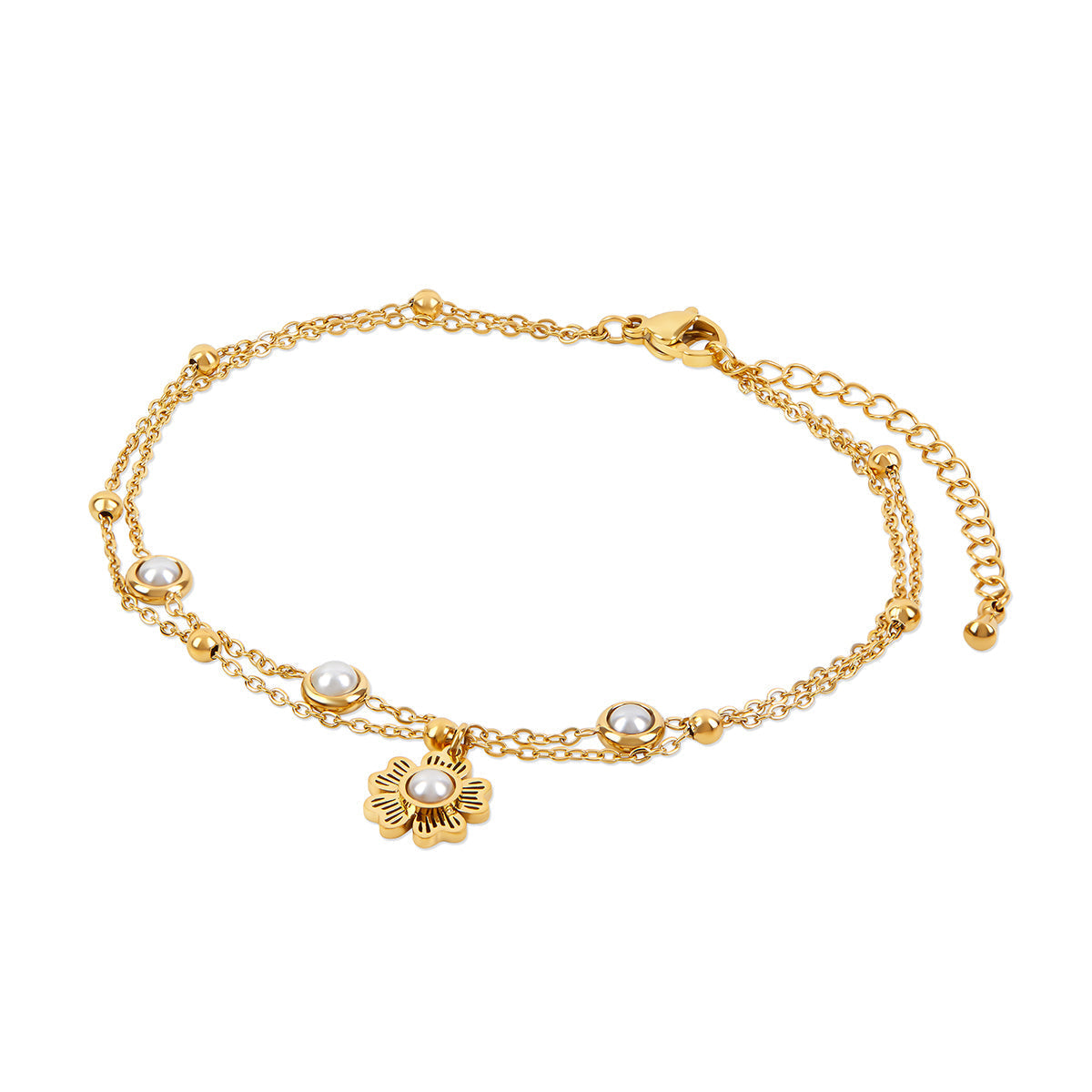Tobillera de Doble Cadena con Perlas Florales