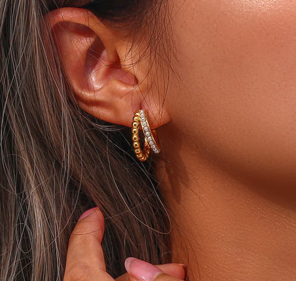 E.B.belle-pendientes de aro de perlas apiladas de doble capa para mujer, aretes gruesos de acero inoxidable chapados en oro de 18K para fiesta de declaración