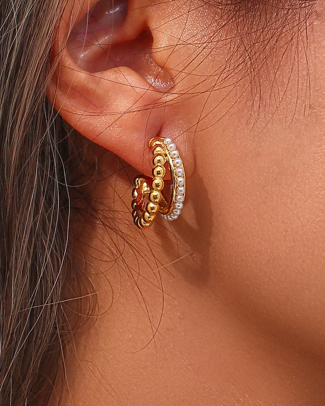 E.B.belle-pendientes de aro de perlas apiladas de doble capa para mujer, aretes gruesos de acero inoxidable chapados en oro de 18K para fiesta de declaración