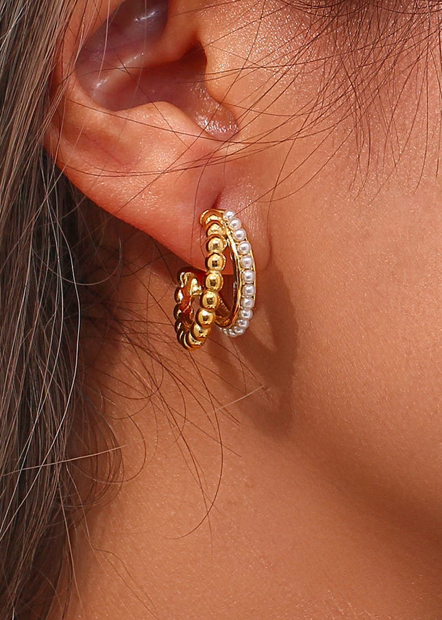 E.B.belle-pendientes de aro de perlas apiladas de doble capa para mujer, aretes gruesos de acero inoxidable chapados en oro de 18K para fiesta de declaración