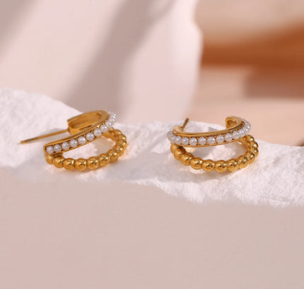 E.B.belle-pendientes de aro de perlas apiladas de doble capa para mujer, aretes gruesos de acero inoxidable chapados en oro de 18K para fiesta de declaración