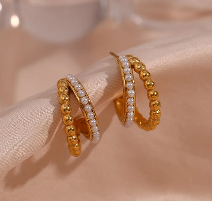 E.B.belle-pendientes de aro de perlas apiladas de doble capa para mujer, aretes gruesos de acero inoxidable chapados en oro de 18K para fiesta de declaración