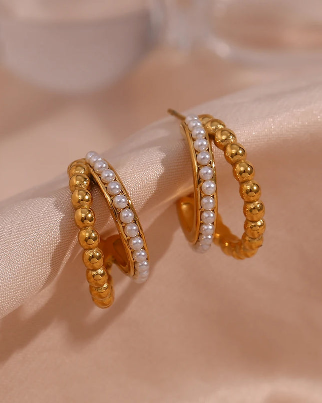 E.B.belle-pendientes de aro de perlas apiladas de doble capa para mujer, aretes gruesos de acero inoxidable chapados en oro de 18K para fiesta de declaración
