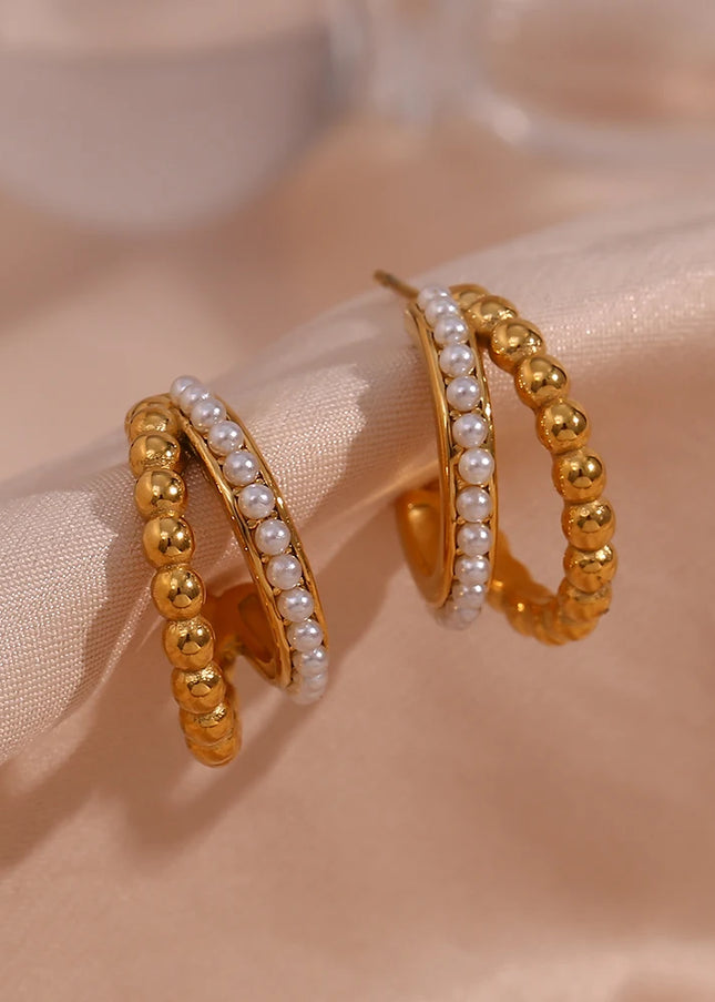 E.B.belle-pendientes de aro de perlas apiladas de doble capa para mujer, aretes gruesos de acero inoxidable chapados en oro de 18K para fiesta de declaración