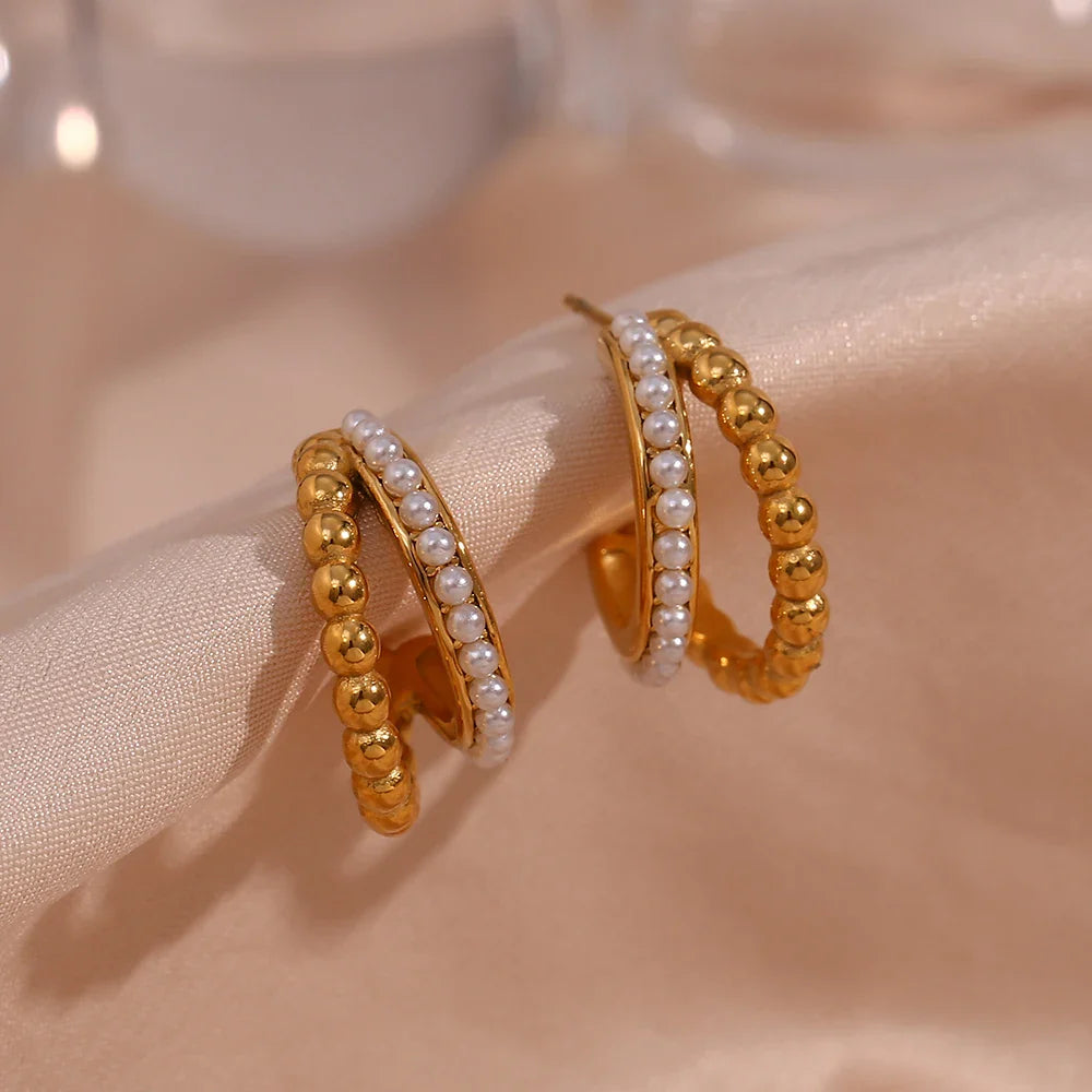 Pendientes de Aro con Perlas Apiladas Chapados en Oro 18K