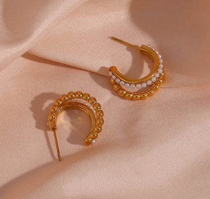 E.B.belle-pendientes de aro de perlas apiladas de doble capa para mujer, aretes gruesos de acero inoxidable chapados en oro de 18K para fiesta de declaración