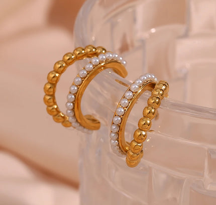 E.B.belle-pendientes de aro de perlas apiladas de doble capa para mujer, aretes gruesos de acero inoxidable chapados en oro de 18K para fiesta de declaración