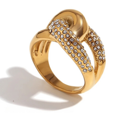 Anillo Dorado de Estilo Trenzado con Circón y Flores