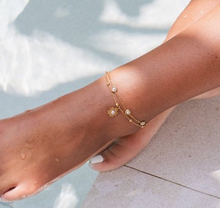Tobillera de Doble Cadena con Perlas Florales