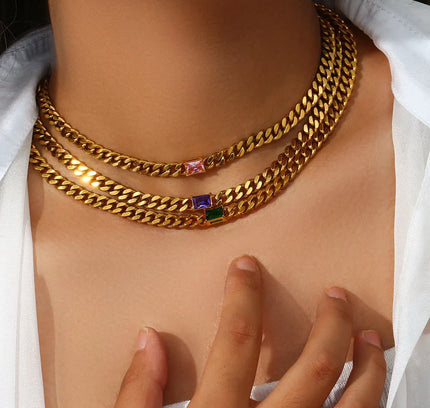 Collar con colgante de circón rectangular para mujer, cadena cubana de 6,5mm, Gargantilla de acero inoxidable chapada en oro, joyería