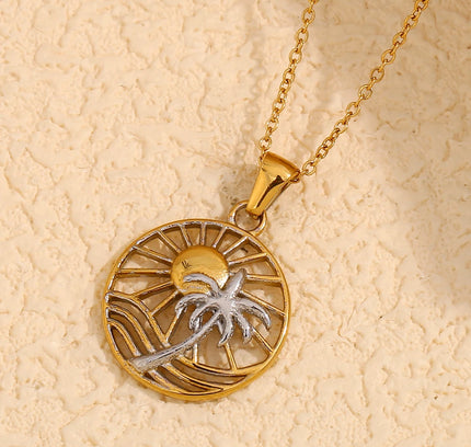 E.B.belle-collar con colgante de árbol de coco y sol de forma redonda de acero inoxidable, joyería hipoalergénica chapada en oro de 18 quilates para mujer