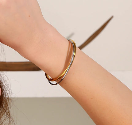 Brazaletes retorcidos de doble línea de 2 tonos, pulseras minimalistas de acero inoxidable, brazaletes, joyería para el brazo para mujer
