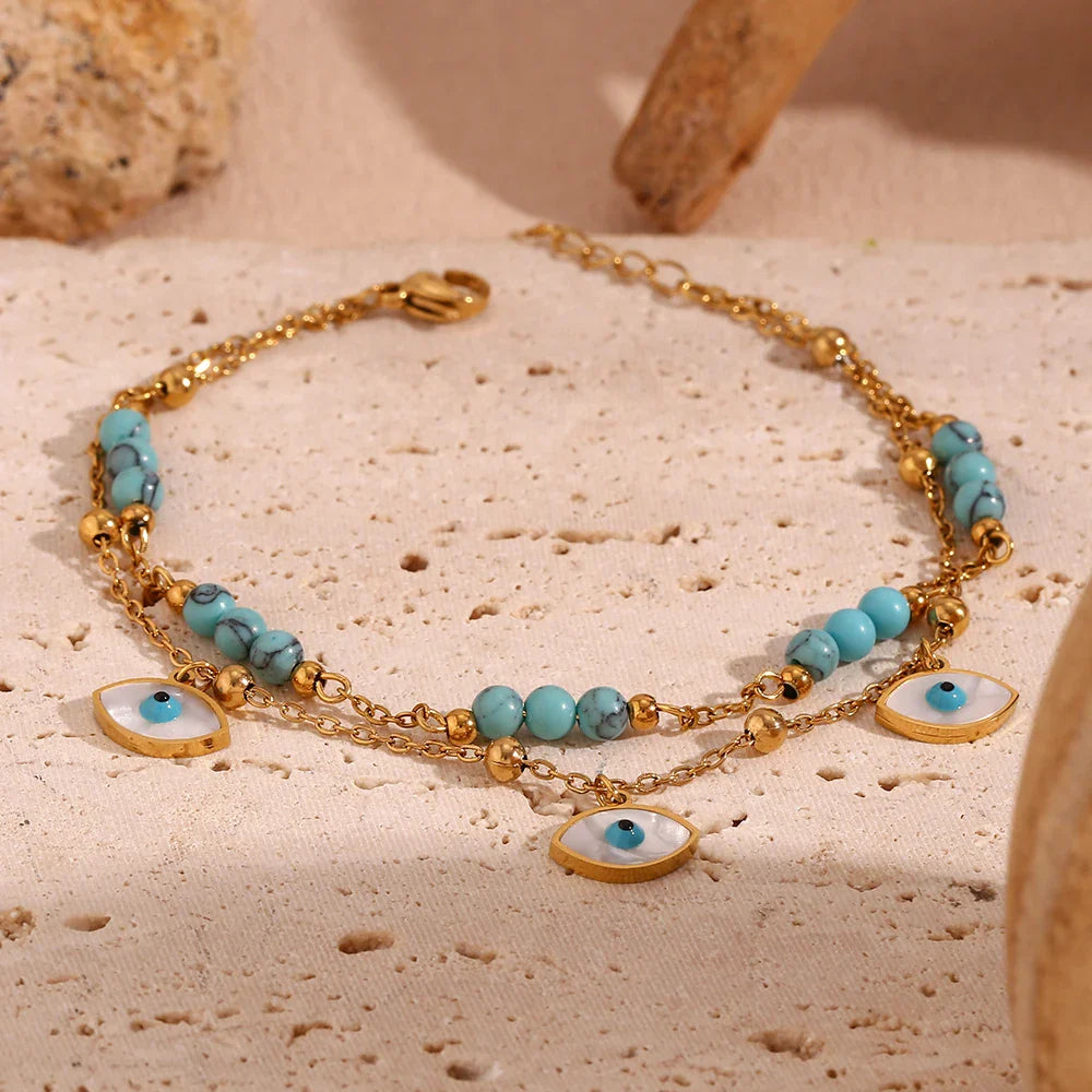 Tobillera Doble Capa con Ojos y Turquesa en Oro 18K