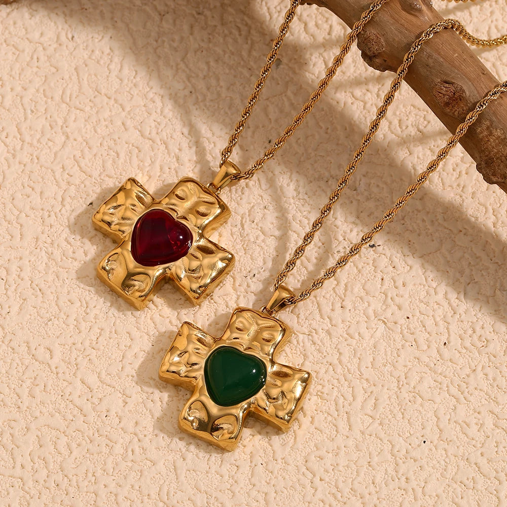 E.B.belle-collar con colgante de piedra de ágata en forma de corazón con diseño de martillo, joyería cruzada chapada en oro de 18k de acero inoxidable para mujer