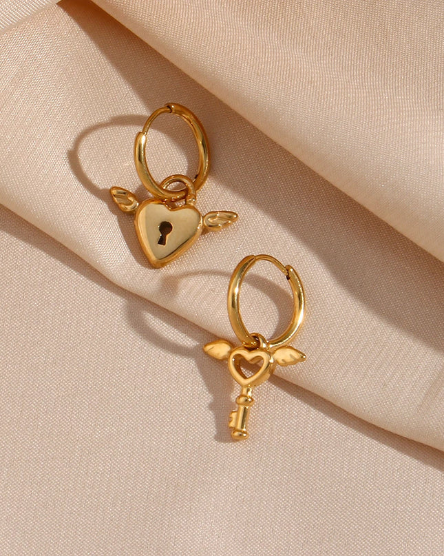 E.B.belle-pendientes asimétricos con cerradura de corazón de Cupido y ángel, aretes pequeños Huggies, aretes colgantes de acero inoxidable a la moda