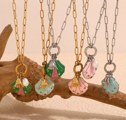 E.B.belle-collar con colgante de gesto de concha de diamantes de imitación coloridos, joyería de acero inoxidable de estilo lindo para mujer, chapado en oro de 18 quilates para niñas