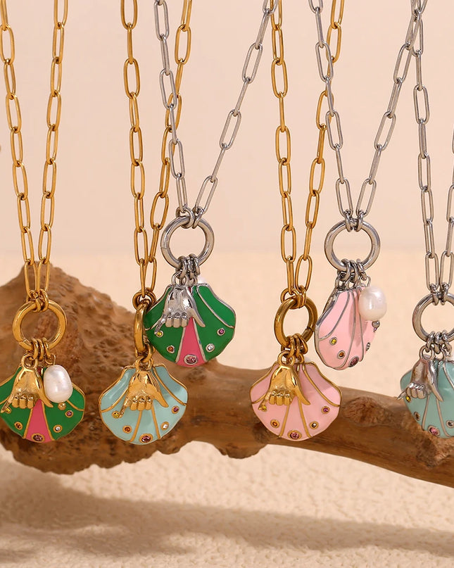 E.B.belle-collar con colgante de gesto de concha de diamantes de imitación coloridos, joyería de acero inoxidable de estilo lindo para mujer, chapado en oro de 18 quilates para niñas