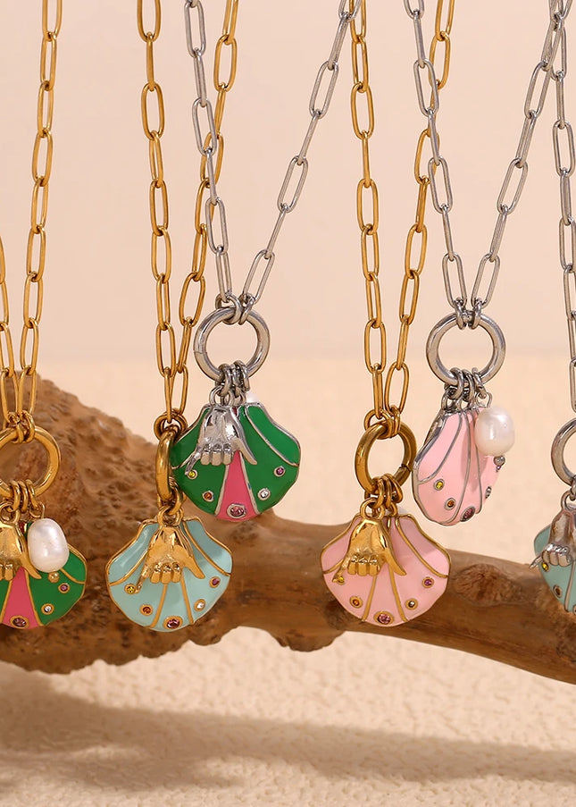 E.B.belle-collar con colgante de gesto de concha de diamantes de imitación coloridos, joyería de acero inoxidable de estilo lindo para mujer, chapado en oro de 18 quilates para niñas
