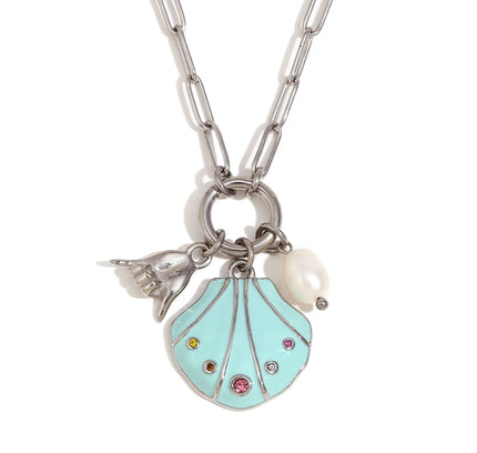 E.B.belle-collar con colgante de gesto de concha de diamantes de imitación coloridos, joyería de acero inoxidable de estilo lindo para mujer, chapado en oro de 18 quilates para niñas