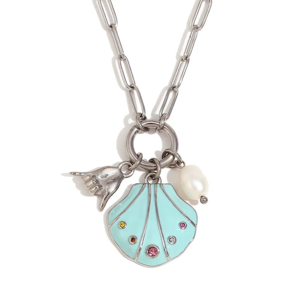 Collar con Colgante de Concha Multicolor Chapado en Oro
