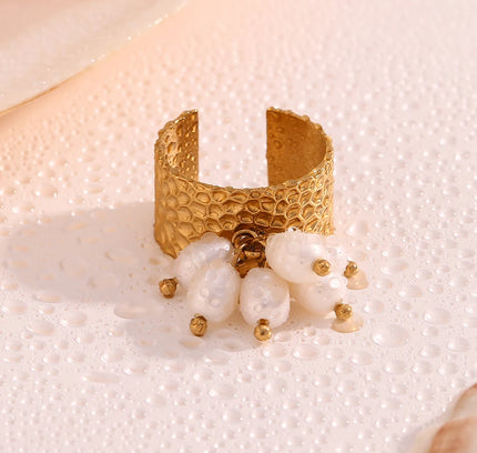 E.B.belle Anillo ajustable de acero inoxidable chapado en oro de 18 quilates con diseño de martillo y borlas de perlas de estilo elegante para niña