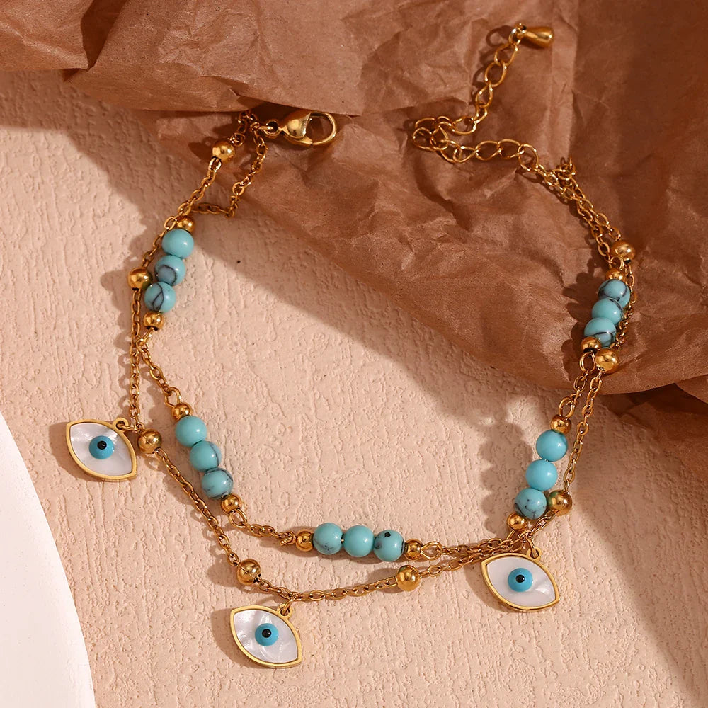 Tobillera Doble Capa con Ojos y Turquesa en Oro 18K