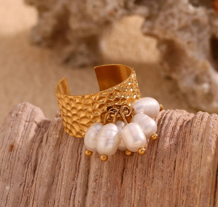 E.B.belle Anillo ajustable de acero inoxidable chapado en oro de 18 quilates con diseño de martillo y borlas de perlas de estilo elegante para niña