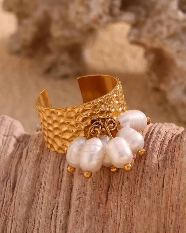 E.B.belle Anillo ajustable de acero inoxidable chapado en oro de 18 quilates con diseño de martillo y borlas de perlas de estilo elegante para niña