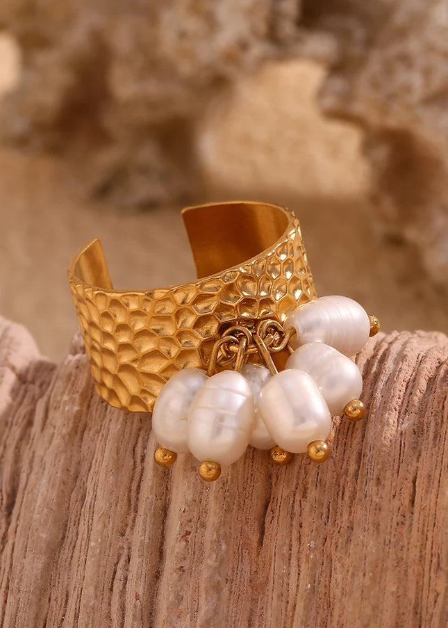 E.B.belle Anillo ajustable de acero inoxidable chapado en oro de 18 quilates con diseño de martillo y borlas de perlas de estilo elegante para niña