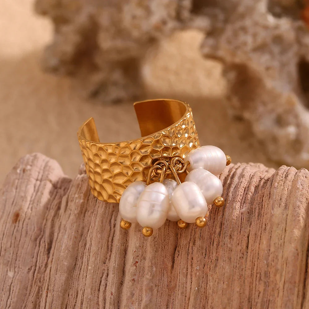 Anillo Ajustable de Acero Inoxidable con Perlas Elegantes