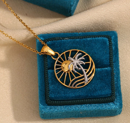 E.B.belle-collar con colgante de árbol de coco y sol de forma redonda de acero inoxidable, joyería hipoalergénica chapada en oro de 18 quilates para mujer