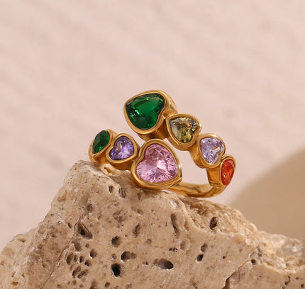 E.B.belle Anillo de circón con corazón abierto, colorido, hipoalergénico, decoración de acero inoxidable 316L, joyería chapada en oro de 18 quilates
