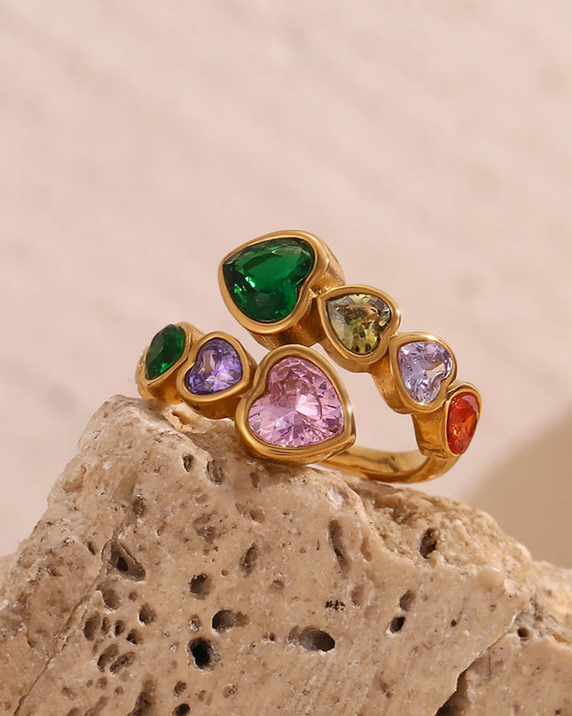 E.B.belle Anillo de circón con corazón abierto, colorido, hipoalergénico, decoración de acero inoxidable 316L, joyería chapada en oro de 18 quilates
