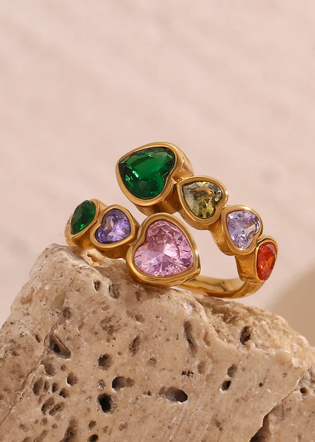 E.B.belle Anillo de circón con corazón abierto, colorido, hipoalergénico, decoración de acero inoxidable 316L, joyería chapada en oro de 18 quilates