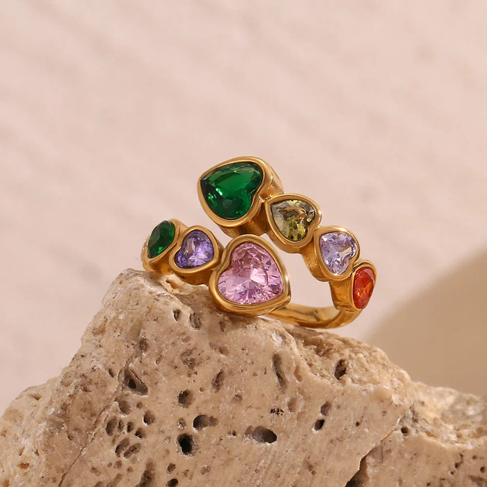 Anillo de Corazón Abierto con Zirconia Multicolor