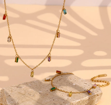 E.B.belle, collar con dije de piedra de circón cuadrado colorido, pulseras para mujer, joyería de Navidad de cristal de acero inoxidable resistente al agua