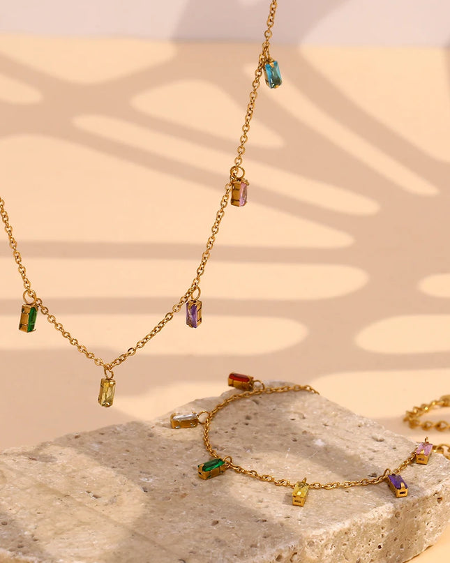 E.B.belle, collar con dije de piedra de circón cuadrado colorido, pulseras para mujer, joyería de Navidad de cristal de acero inoxidable resistente al agua