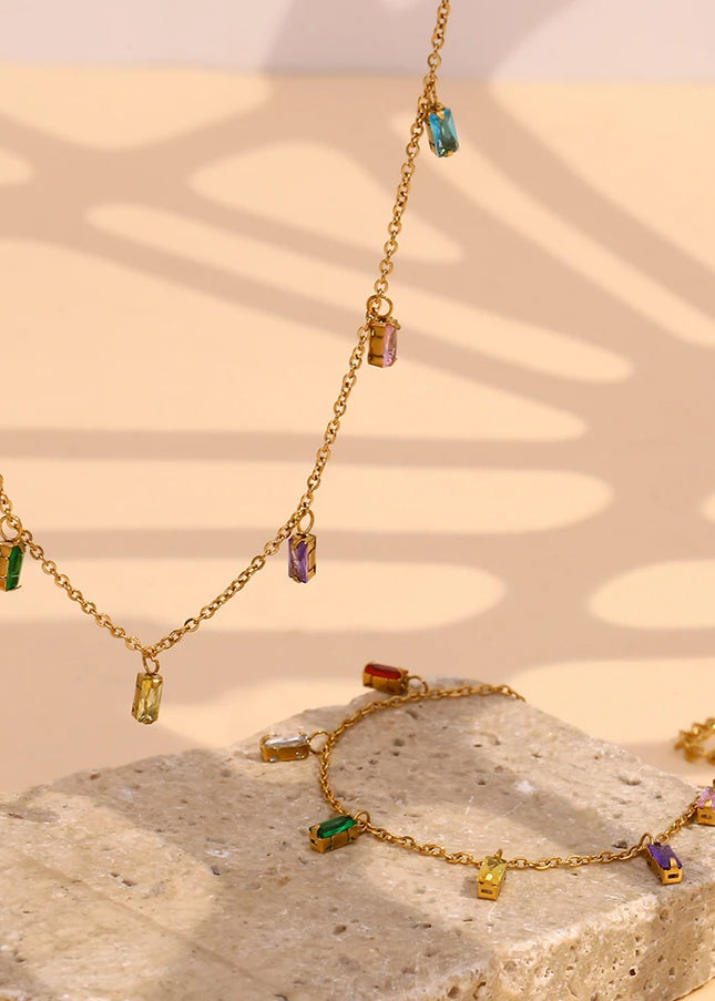 E.B.belle, collar con dije de piedra de circón cuadrado colorido, pulseras para mujer, joyería de Navidad de cristal de acero inoxidable resistente al agua