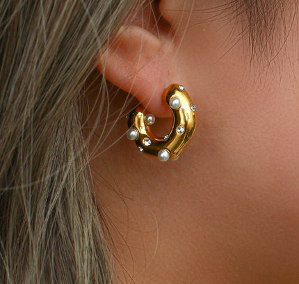 E.B.belle-pendientes gruesos de acero inoxidable chapados en oro para mujer, joyería de declaración gruesa pavimentada de circón de perla Irregular