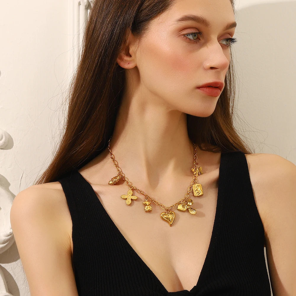 E.B.belle elegante gargantilla de acero inoxidable mariposa flor hoja corazón colgante collar chapado en oro joyería elegante para mujer