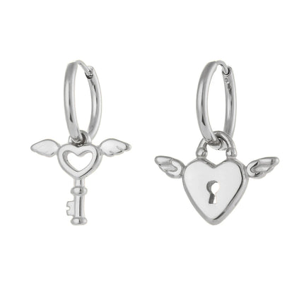 E.B.belle-pendientes asimétricos con cerradura de corazón de Cupido y ángel, aretes pequeños Huggies, aretes colgantes de acero inoxidable a la moda