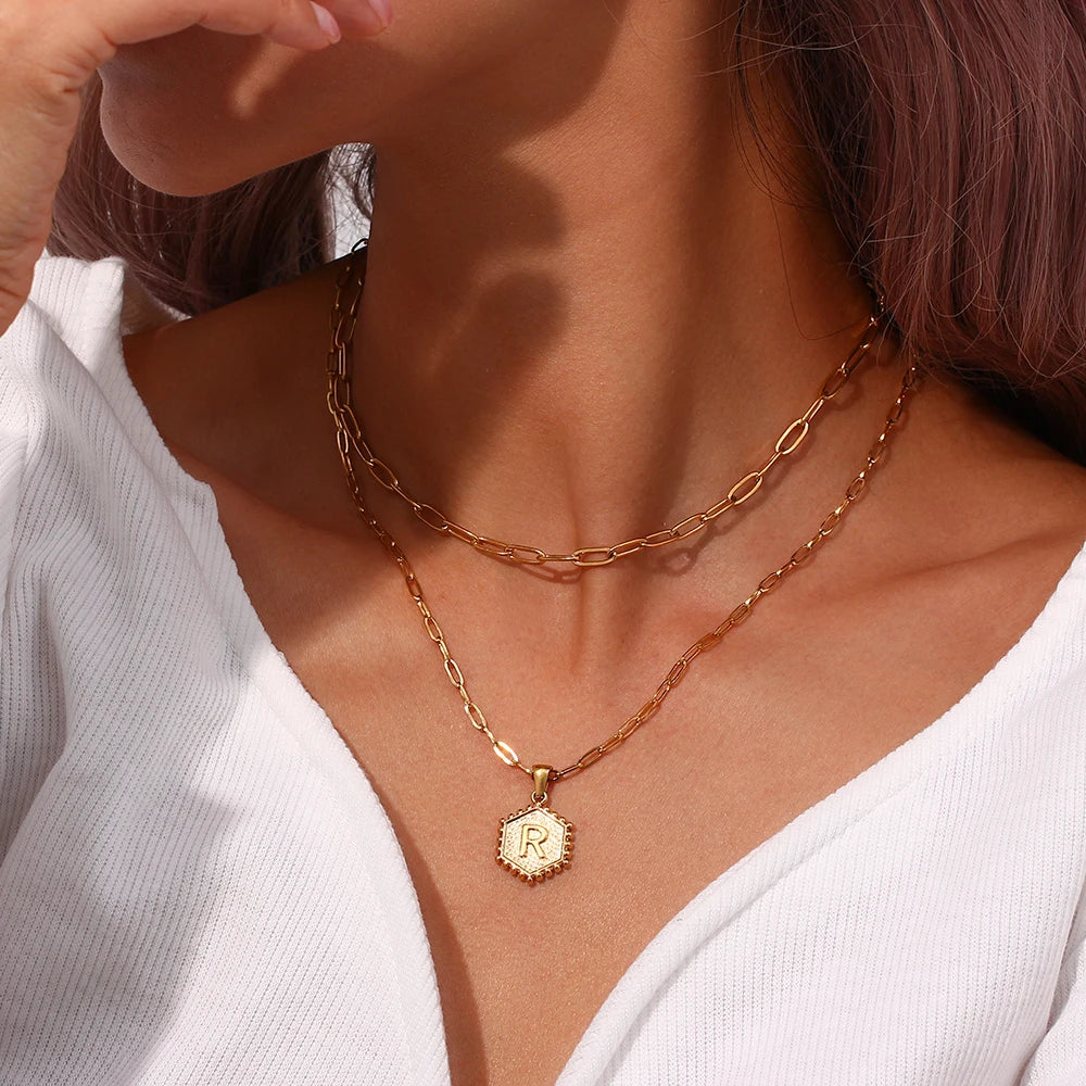 E.B.belle-Cadena de eslabones de doble capa para mujer, collar con inicial chapada en oro, 26 letras del alfabeto, forma Hexagonal, A-Z