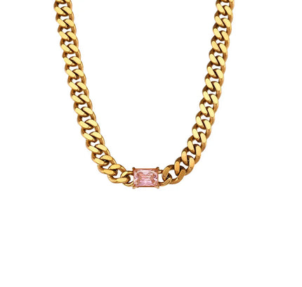 Collar con colgante de circón rectangular para mujer, cadena cubana de 6,5mm, Gargantilla de acero inoxidable chapada en oro, joyería