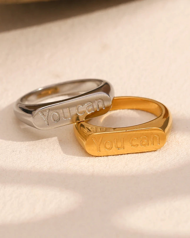 E.B.belle Anillo minimalista chapado en oro de 18 quilates "You can", resistente al agua, hipoalergénico, de acero inoxidable, joyería de moda para mujer