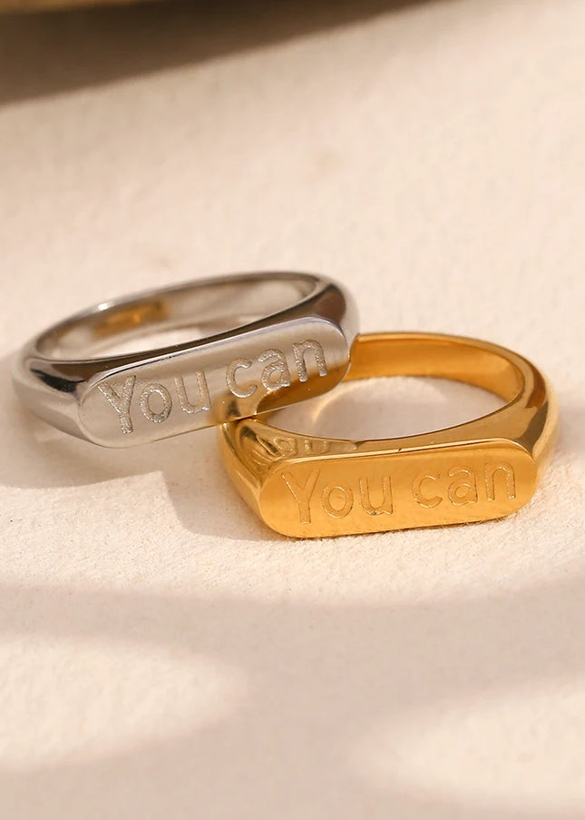 E.B.belle Anillo minimalista chapado en oro de 18 quilates "You can", resistente al agua, hipoalergénico, de acero inoxidable, joyería de moda para mujer
