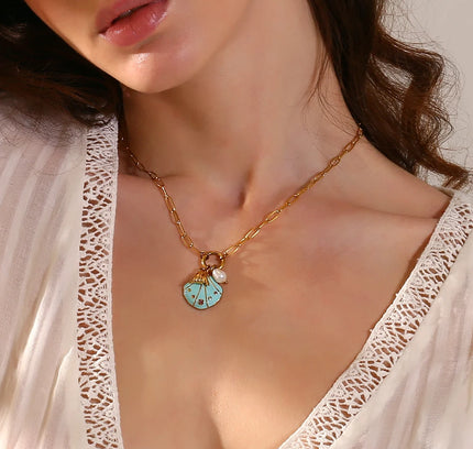 E.B.belle-collar con colgante de gesto de concha de diamantes de imitación coloridos, joyería de acero inoxidable de estilo lindo para mujer, chapado en oro de 18 quilates para niñas